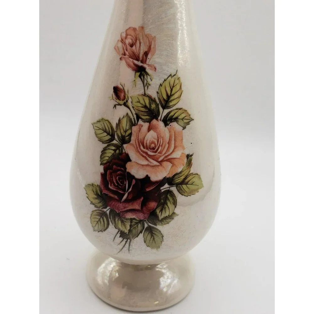 VTG Antique Iridescent Pink Rose Floral Single Stem Bud Vase Signed Fay's Cerami